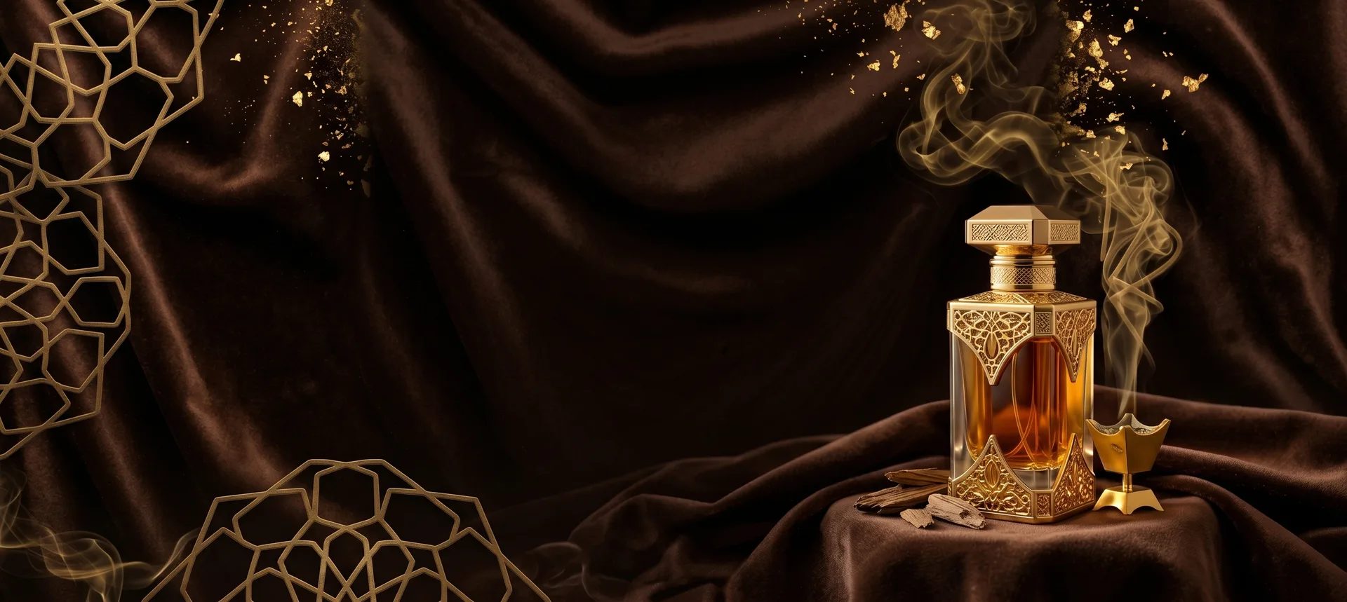 Perfume árabe de lujo Oudh & Co sobre terciopelo con incensario dorado
